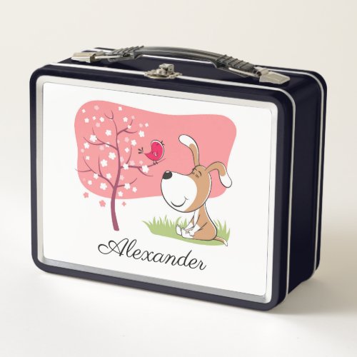 Cartoon Dog Puppy Bird Bloom Flower Pink Green Metal Lunch Box