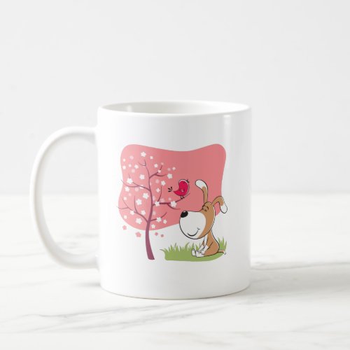 Cartoon Dog Puppy Bird Bloom Flower Pink Green Mug