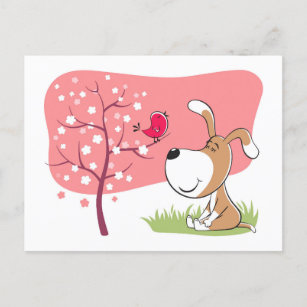 Cartoon Dog Puppy Bird Blossom Pink Flower Tree Postcard