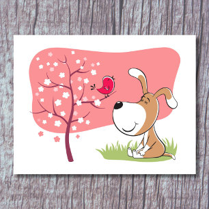 Cartoon Dog Puppy Bird Blossom Pink Flower Tree Postcard