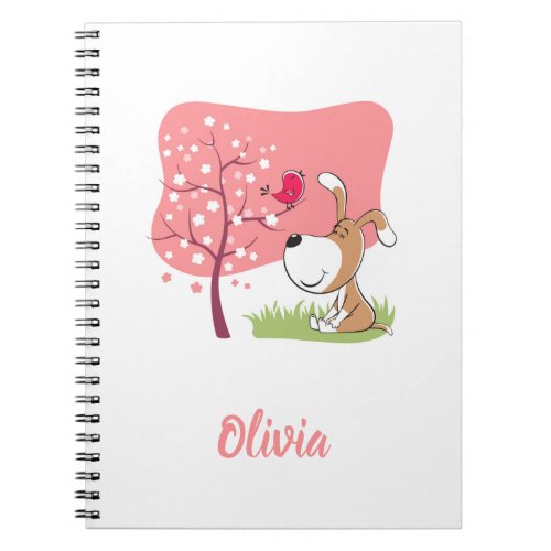 Cartoon Dog Puppy Bird Flower Blooming Pink Spring Notebook