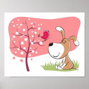 Cartoon Dog Puppy Bird Flower Blooming Pink Spring Poster