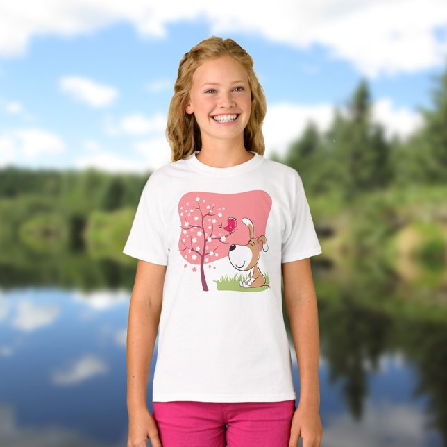 Cartoon Dog Puppy Bird Flower Blooming Pink Spring T-Shirt (Creator Uploaded)