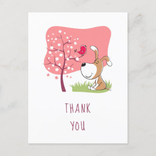 Cartoon Dog Puppy Bird Flower Pink Girl Birthday Postcard