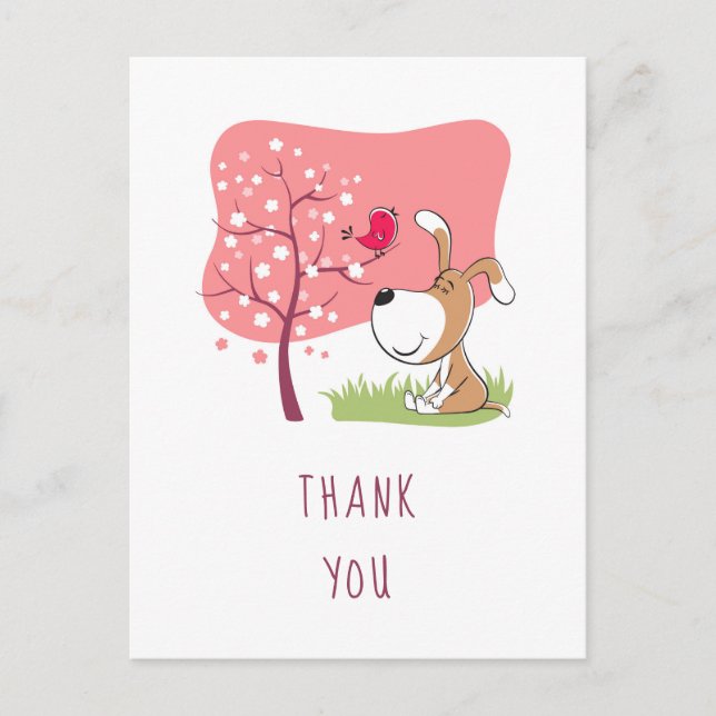 Cartoon Dog Puppy Bird Flower Pink Girl Birthday Postcard (Front)