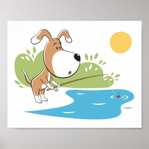Cartoon Dog Puppy Fishing Sun Lake Poster