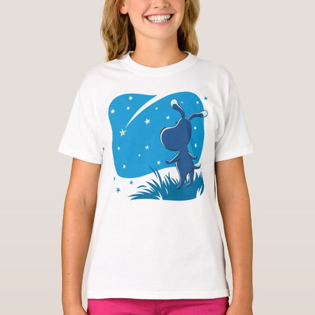 Cartoon Dog Puppy Shooting Star Blue Sky T-Shirt (Front)