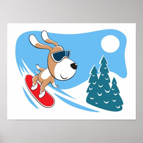 Cartoon Dog Puppy Snowboard Winter Snow Sun Poster