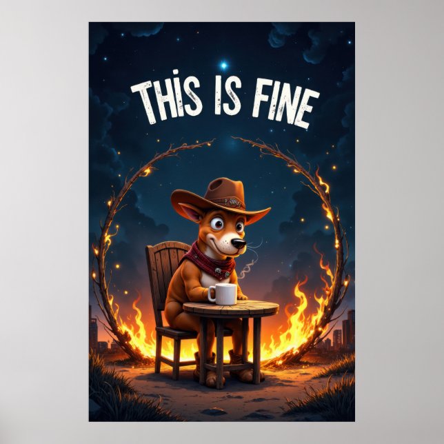 Cartoon Dog Sitting at Table with Coffee Surrounde Poster (Front)