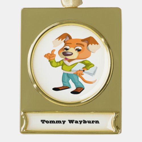 Cartoon dog student getting ready for school 2 gold plated banner ornament