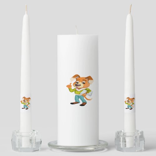 Cartoon dog student getting ready for school 2 unity candle set