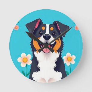Cartoon Dog Surrounded by Flowers Round Clock