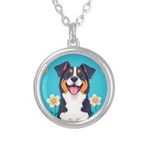 Cartoon Dog Surrounded by Flowers Silver Plated Necklace