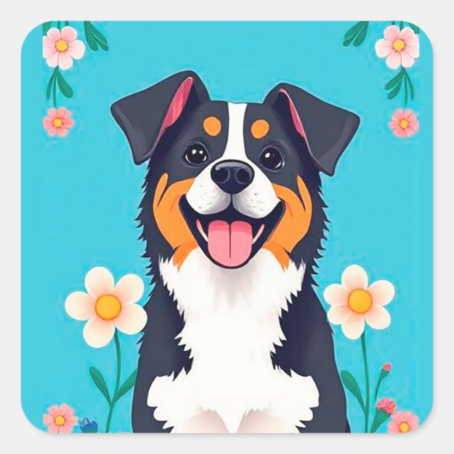 Cartoon Dog Surrounded by Flowers Square Sticker (Front)