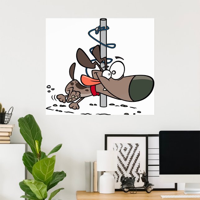 Cartoon Dog Tangled Around Pole with Leash Poster (Creator Uploaded)