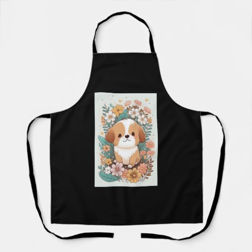 Cartoon Dog with Flowers _ Design 4  Apron