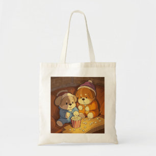 Cartoon dogs puppies with popcorn tote bag