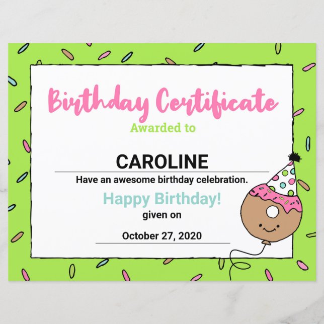 Cartoon Donuts Cool Donut Designs Birthday Certifi (Front)
