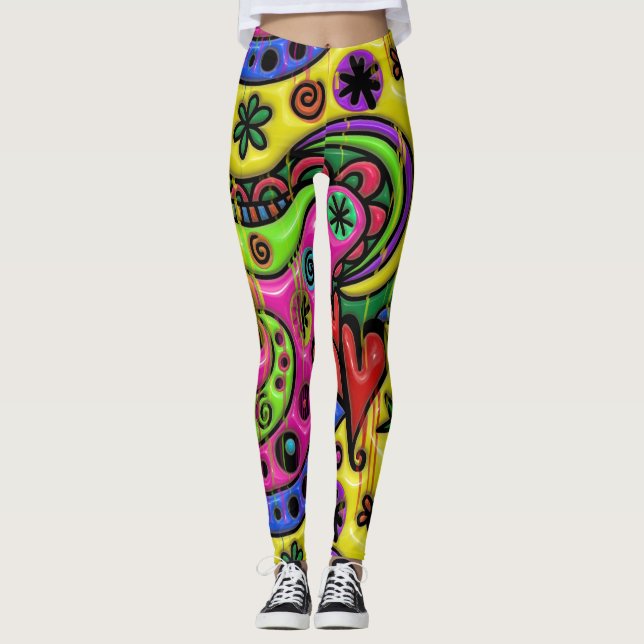 Cartoon doodle dripping paint abstract leggings (Front)
