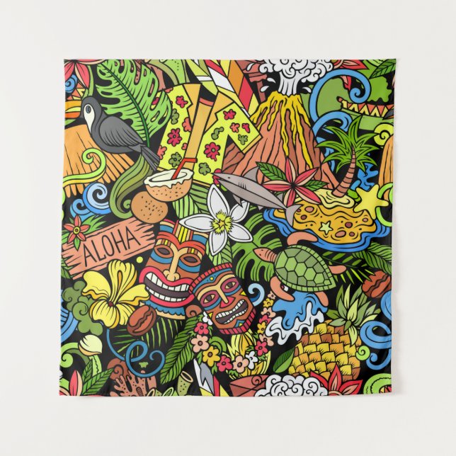 Cartoon doodles Hawaii seamless pattern. Backdrop  (Front)