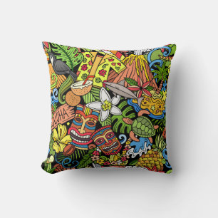 Cartoon doodles Hawaii seamless pattern. Backdrop  Throw Pillow