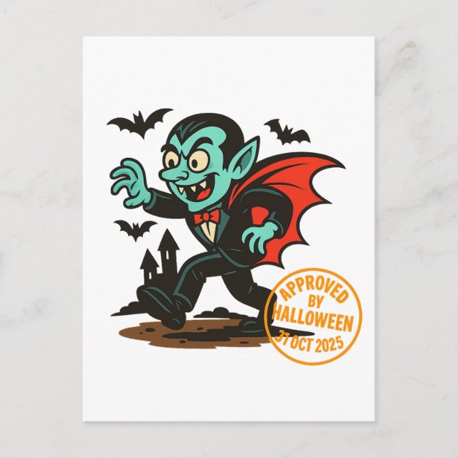 Cartoon Dracula Vampire – Approved by Halloween Holiday Postcard (Front)