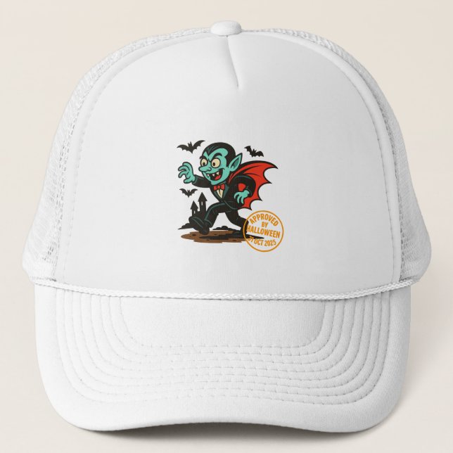 Cartoon Dracula Vampire – Approved by Halloween Trucker Hat (Front)
