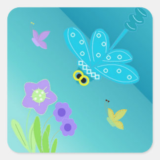 Cartoon Dragonfly with Flowers Square Sticker