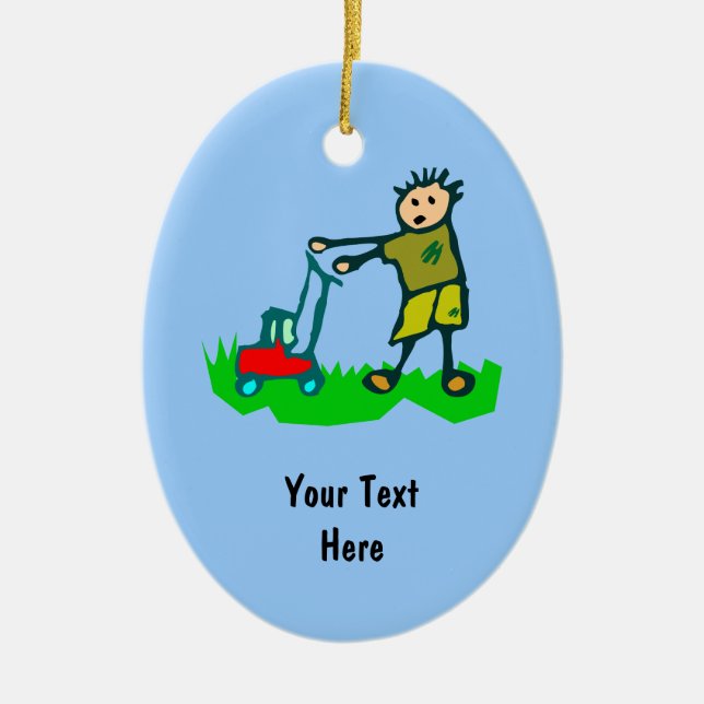 Cartoon Drawing Man Mowing Grass Ceramic Ornament (Front)