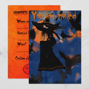 Cartoon Drawing of Halloween Witch on Broom Invitation