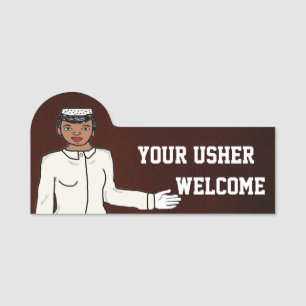Cartoon drawn usher name tag