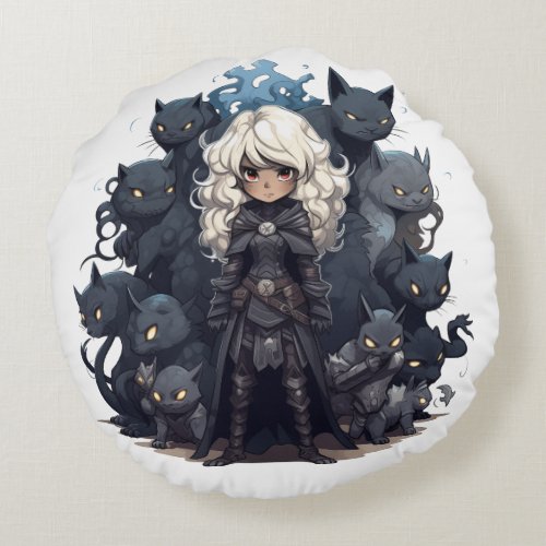 Cartoon drow with cats round pillow