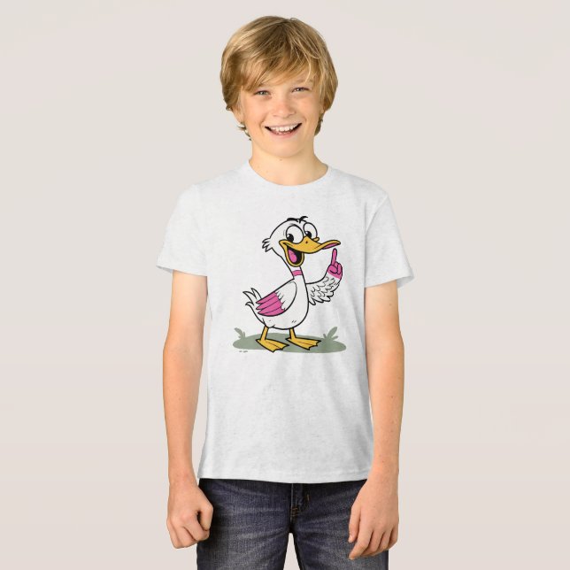 Cartoon Duck with Raised Finger Delivering a Messa Tri-Blend Shirt (Front Full)