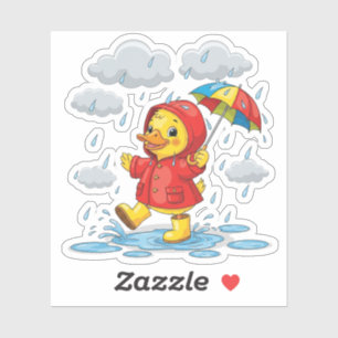 Cartoon Duckling Playing in Rain with Umbrella Sticker