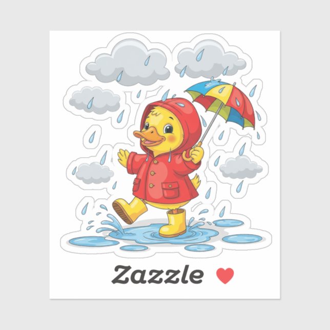 Cartoon Duckling Playing in Rain with Umbrella Sticker (Sheet)