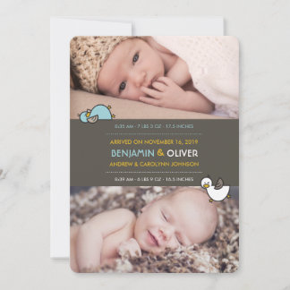 Cartoon Ducks Baby Boys Twins Birth Announcement