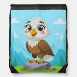 Cartoon Eagle on Rock – Cute Vector Character Drawstring Bag