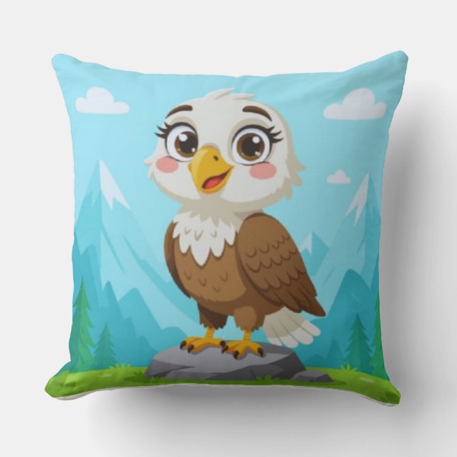 Cartoon Eagle on Rock – Cute Vector Character Throw Pillow (Front)