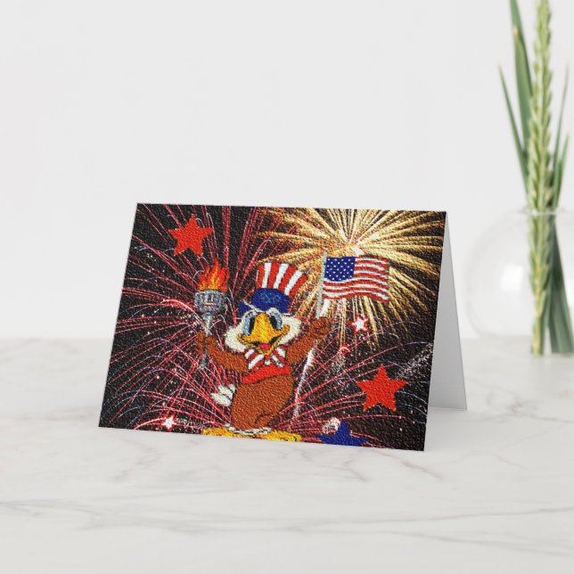 Cartoon Eagle with Flag and Fireworks (Textured) Card (Front)