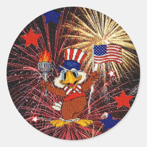 Cartoon Eagle with Flag and Fireworks Textured Classic Round Sticker