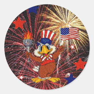 Cartoon Eagle with Flag and Fireworks (Textured) Classic Round Sticker
