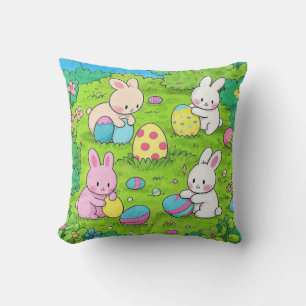 Cartoon Easter Bunnies and colorful eggs Throw Pillow