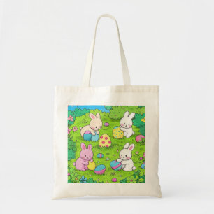 Cartoon Easter Bunnies and colorful eggs Tote Bag
