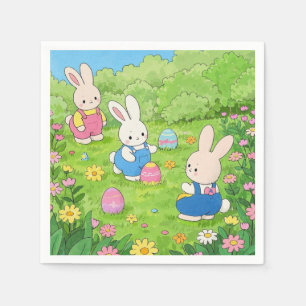 Cartoon Easter bunnies hiding eggs in a garden Napkins