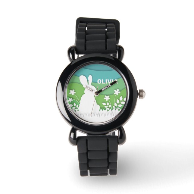 Cartoon easter bunny in green spring nature  watch (Front)