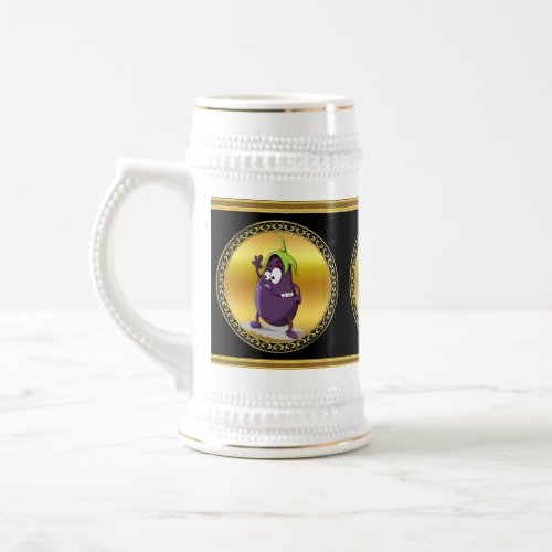 Cartoon eggplant with big eyes green hair 2 beer stein