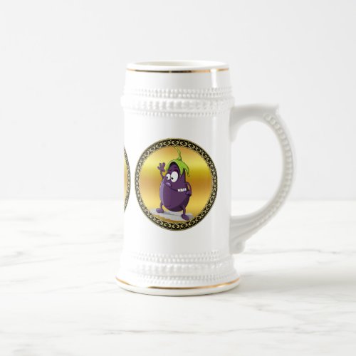 Cartoon eggplant with big eyes green hair 2 beer stein