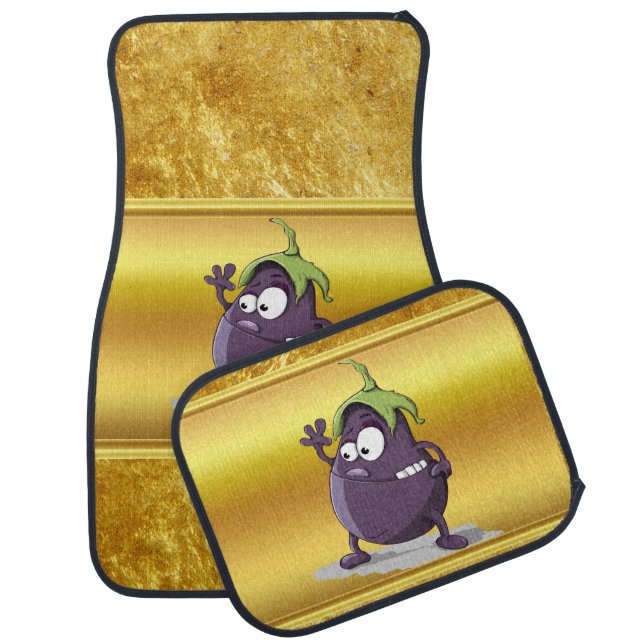 Cartoon eggplant with big eyes green hair 2 car floor mat (Set)