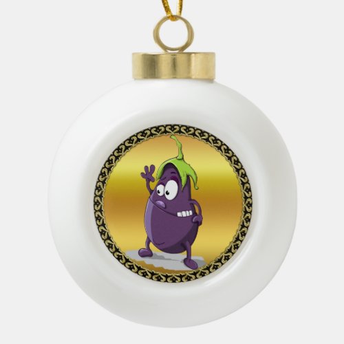 Cartoon eggplant with big eyes green hair 2 ceramic ball christmas ornament