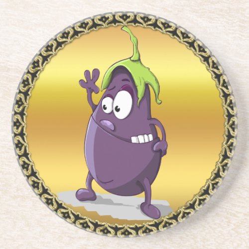 Cartoon eggplant with big eyes green hair 2 coaster